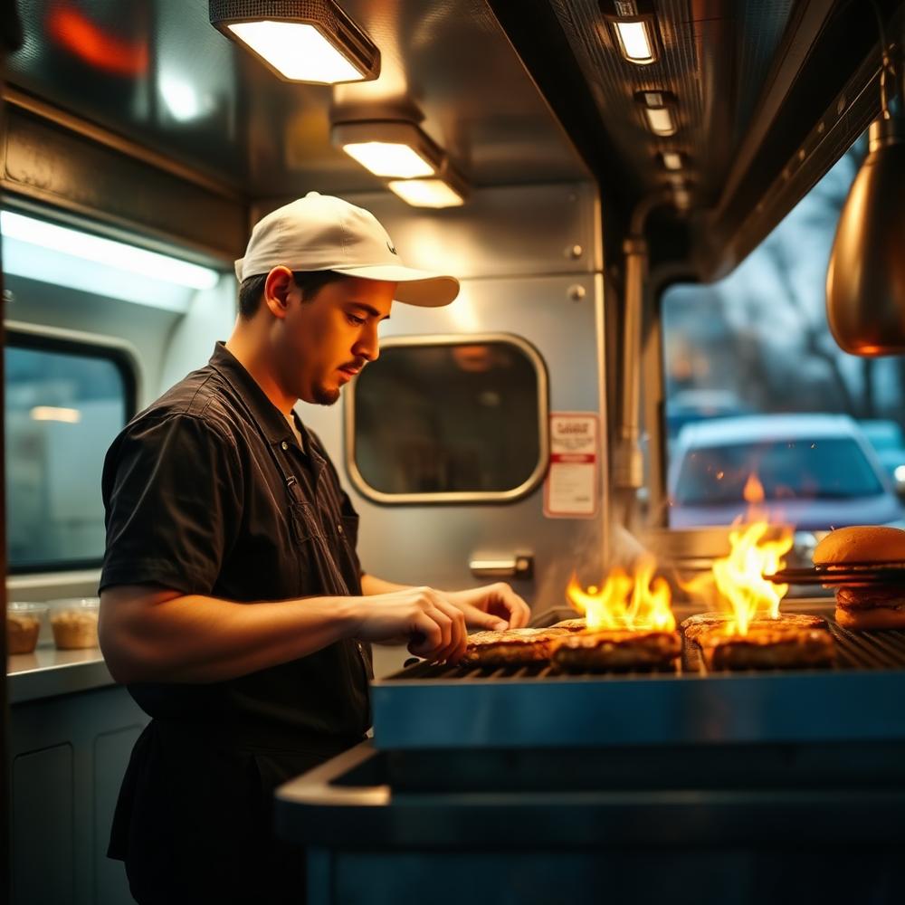 Cuisson des burgers dans le food truck